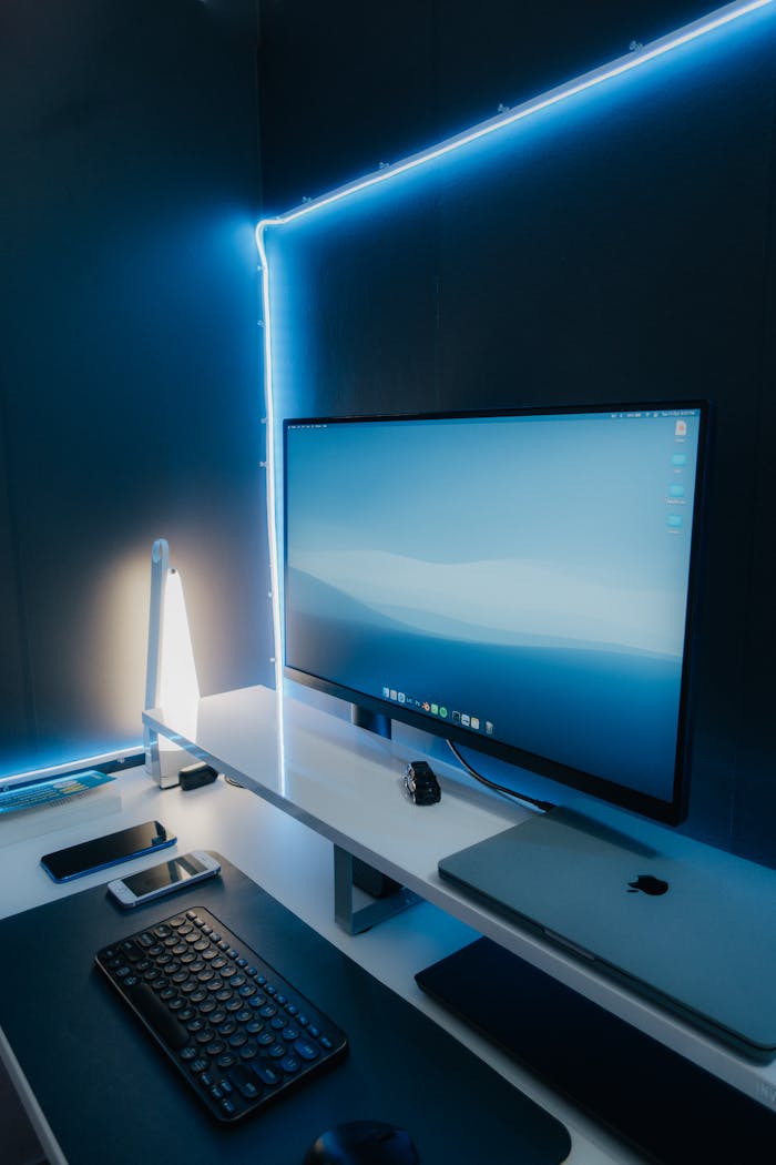 contact-img A sleek and modern workspace setup featuring a desktop monitor, keyboard, and LED lighting.